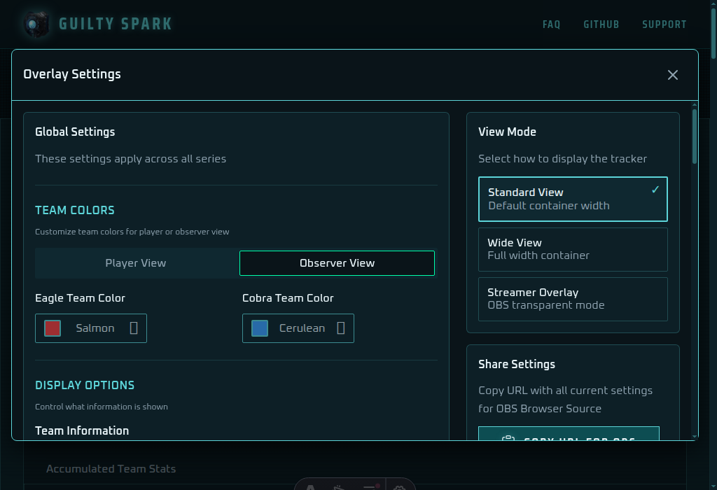 Overlay settings dialog opened from the live tracker
