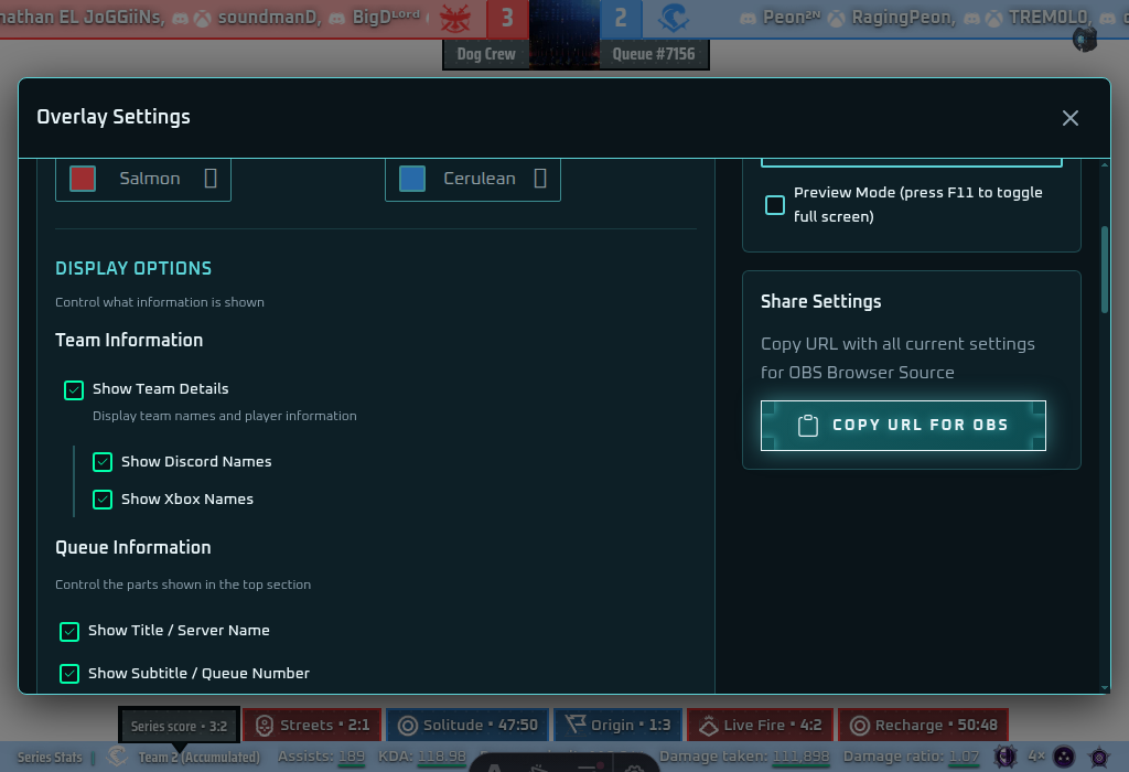 Overlay settings showing Streamer Overlay mode and Copy URL for OBS button